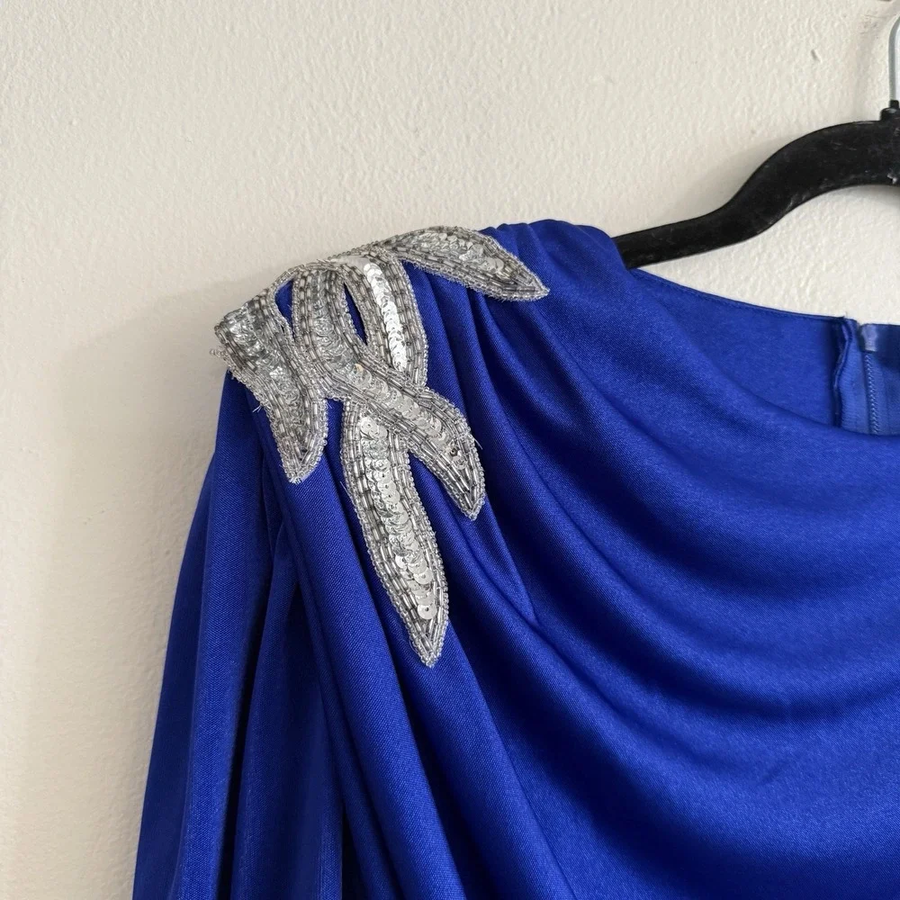 Vintage 80's Women Abby Kent Cocktail Dress Ruched Blue Size 8 Sequins Sequins‎